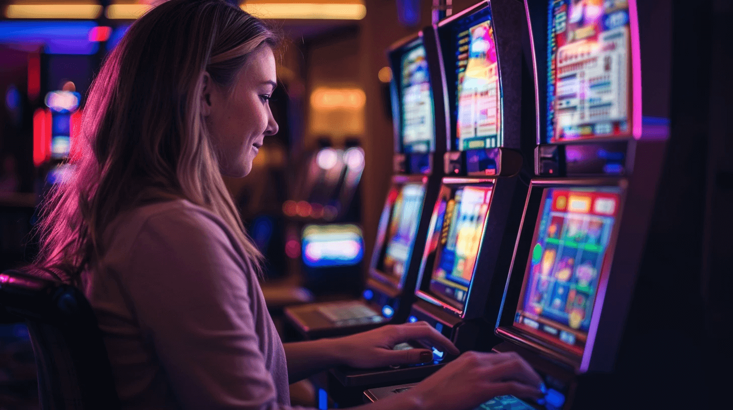 A girl plays slot machines in the casino hall